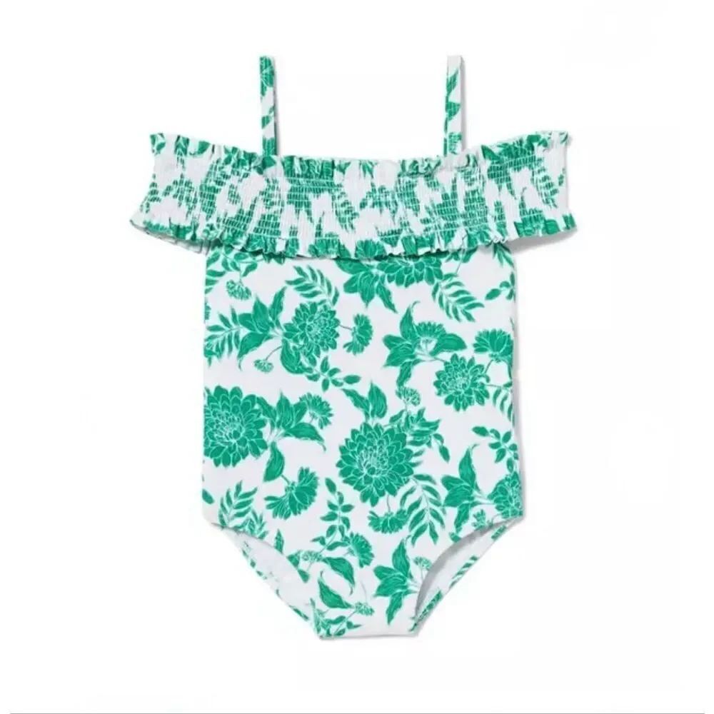 Janie & Jack girls 2T Alhambra white green floral smocked one piece swimsuit col